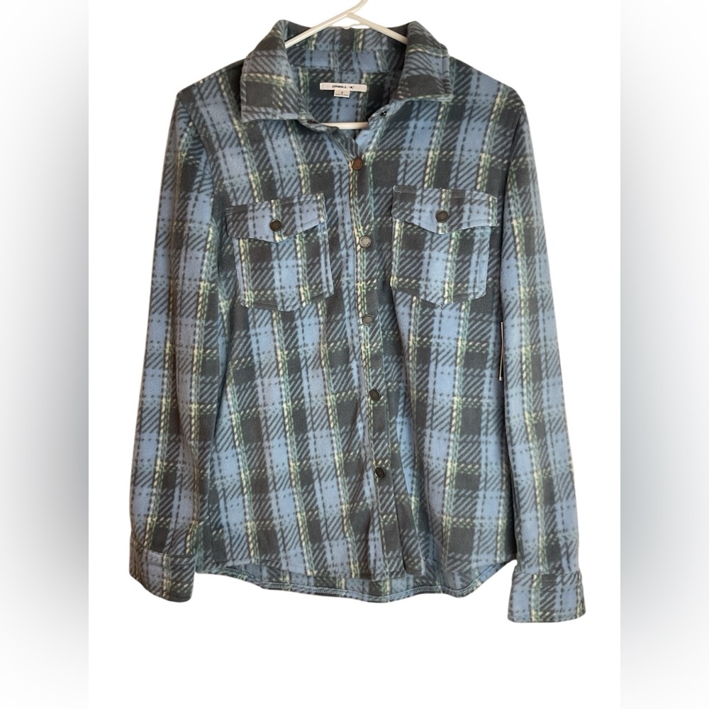O’Neill Collared Superfleece Flannel Shacket Blue Green Gray and White Size S